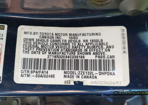 2004 Toyota Matrix Standard из США, поврежденный, VIN 2T1KR32E64C236186